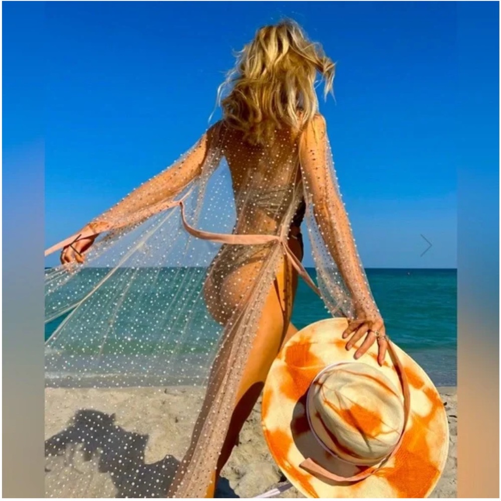 Beach Bunny Late Nights Pearl Mesh Cardigan in Nude - Picture 6 of 6